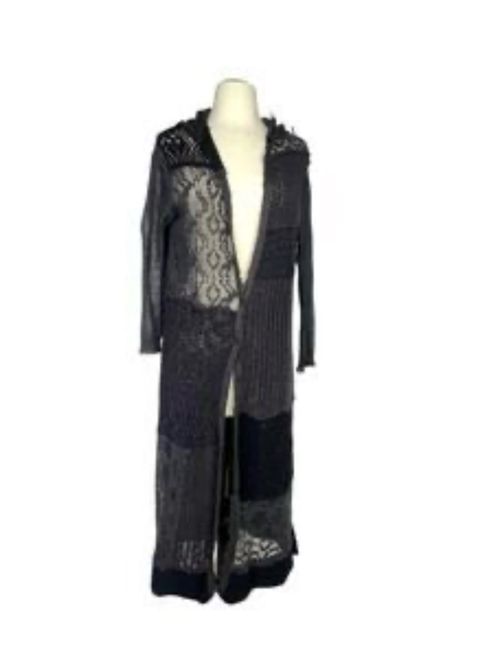 Vintage Free People Black Magic Dragon Crochet Patchwork Long Duster with Hood